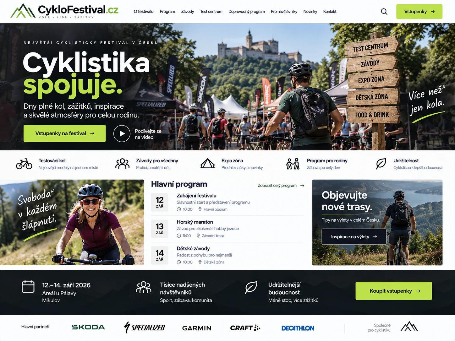 Ilustrační návrh webu CykloFestival.cz s programem cyklistické akce a testovacími jízdami